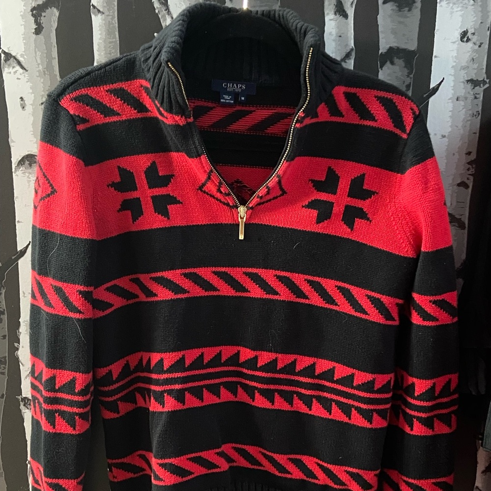 Chaps Womens Cotton Sweater Medium Quarter Zip Aztec Tribal High Neck Black Red